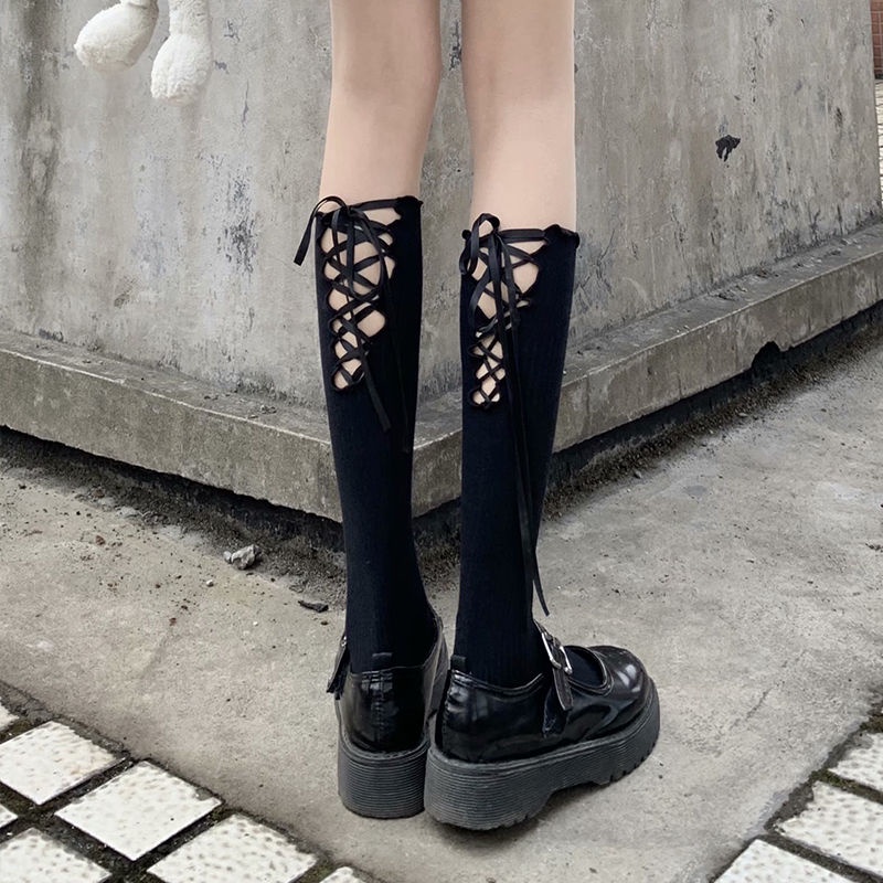 Jiashucheng Vớ Ống Lửng Phối Dây Chéo Màu Trắng Đen Phong Cách Lolita Dễ Thương Thời Trang Xuân Thu Cho Nữ