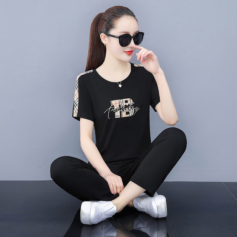 Bộ đồ thể thao cotton tinh khiết nữ xuân hè 2021 giảm béo cổ tròn áo thun hai mảnh thời trang giản dị