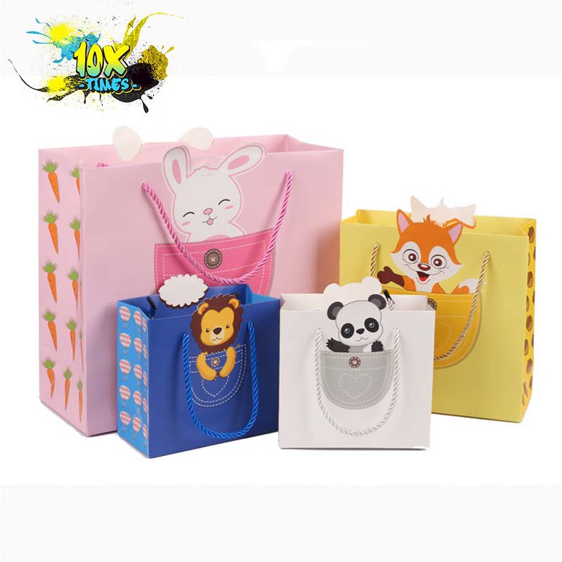 túi giấy đựng quà tặng dễ thương trơn 4 màu họa tiết động vật tặng sinh nhật, valentine, ngày lễ