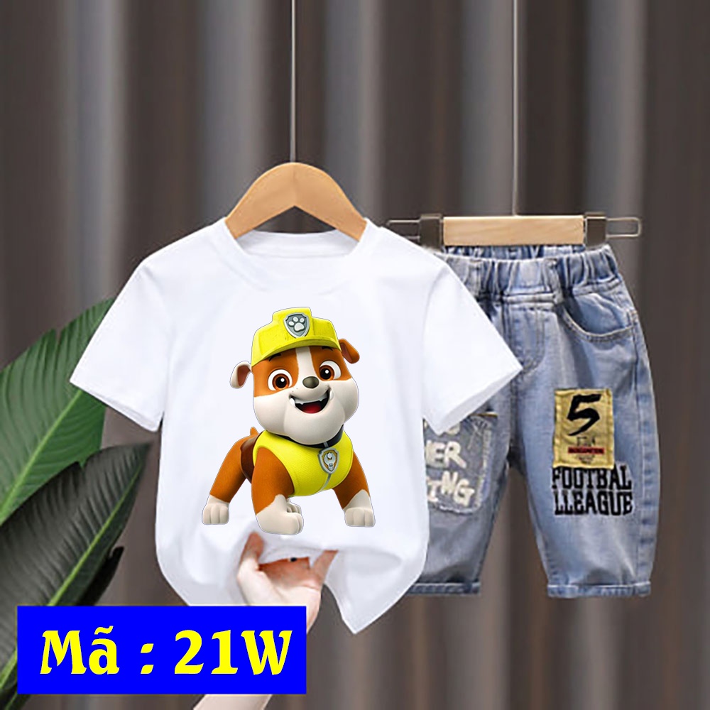 Bộ Áo Thun In Hình Chú Chó Cứu Hộ + Quần Short Jean Cho Bé 0-10 Tuổi (8-35kg)