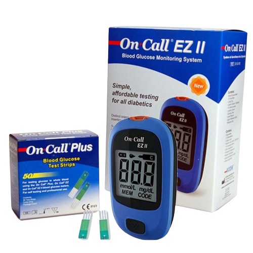 Máy đo đường huyết chính hãng On call EZ II dùng que thử tiểu đường on call Plus. tặng kèm 25 que thử + 50 kim chích máu