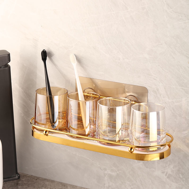 A-LIFE Giá Đỡ Bàn Chải Đánh Răng / Giá Đỡ Bàn Chải Đánh Răng Gắn Tường Miễn Đục Lỗ Sang Trọng Cho Phòng Tắm/Giá Kệ kèm cốc sứ cắm bàn chải đánh răng, khay bùn tảo cát bay hơi nước trong