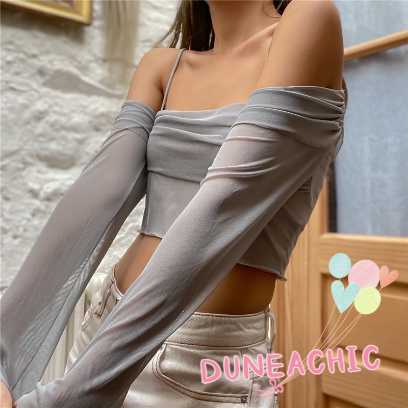 DUNEA Áo Croptop Tay Dài Trễ Vai Phối Lưới Phong Cách Quyến Rũ