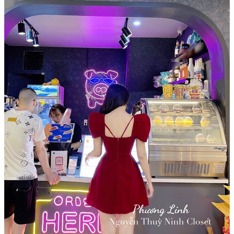 Váy nhung đan dây tay cánh tiên 2 màu hotrend 2023