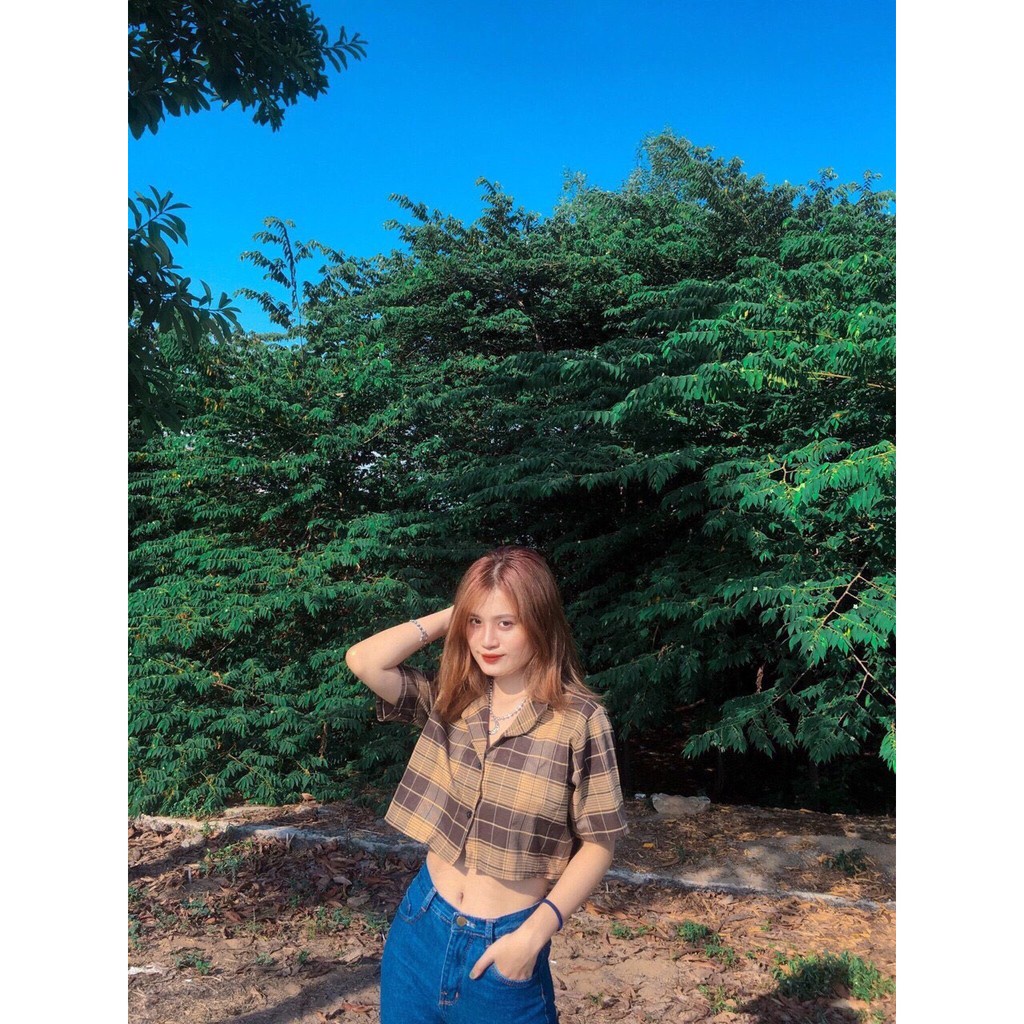 Áo Sơ Mi Croptop Tay Ngắn Kẻ Caro Chất Thô MềmÁo Croptop Cổ Vest Kẻ Caro