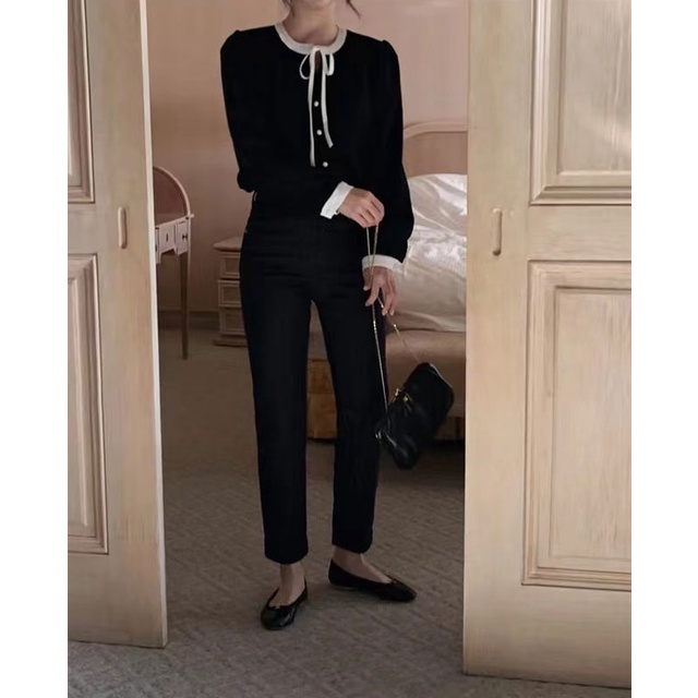 Áo Sơ Mi Tay Dài Buộc Dây Màu Đen Thanh Lịch Dành Cho Nữ 49305