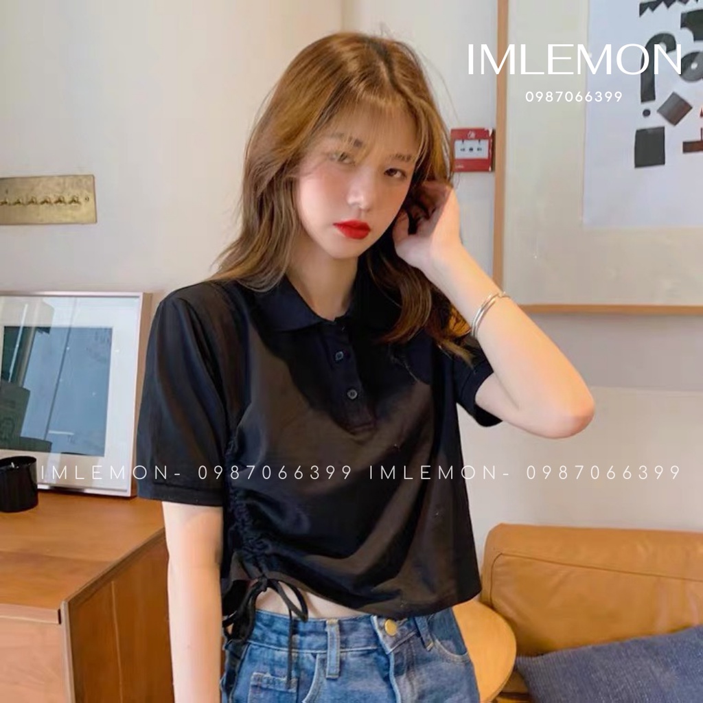 Áo Thun Croptop Polo Tay Ngắn Rút Eo Một Bên IMLEMON Thời Trang Nữ Năng Động Dễ Thương