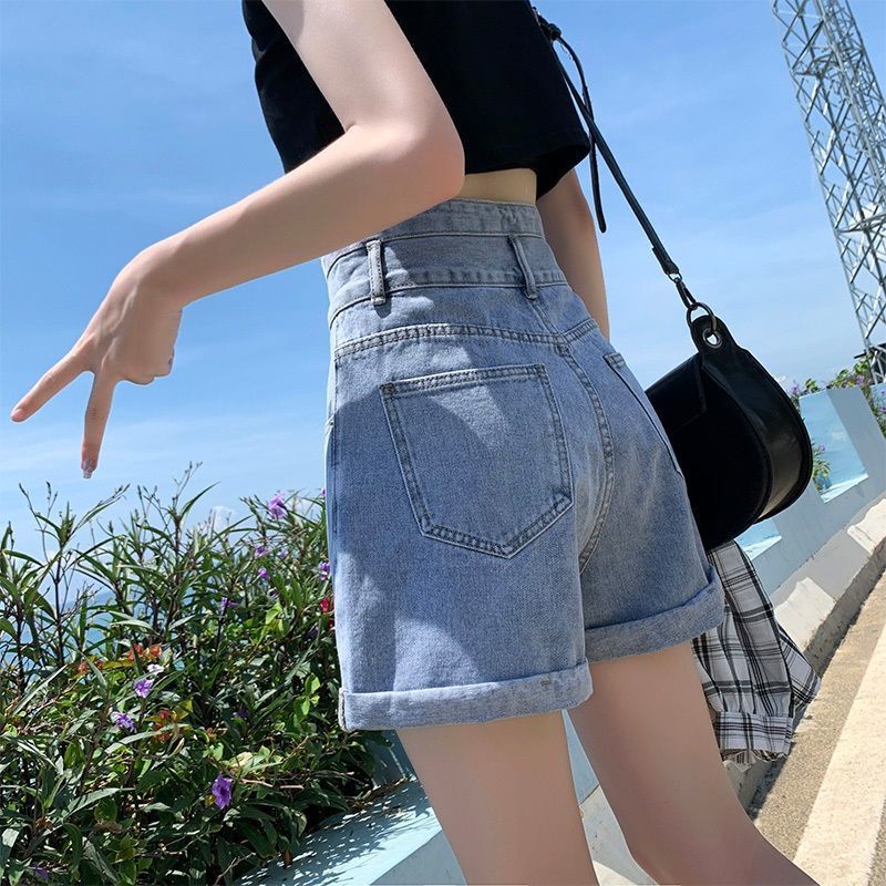 Quần Short Denim Lưng Cao Ống Rộng Thoáng Khí Cho Nữ