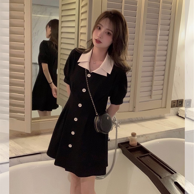 Đầm Perty cổ polo kiểu dáng đơn giản phong cách Hàn Quốc retro cho nữ