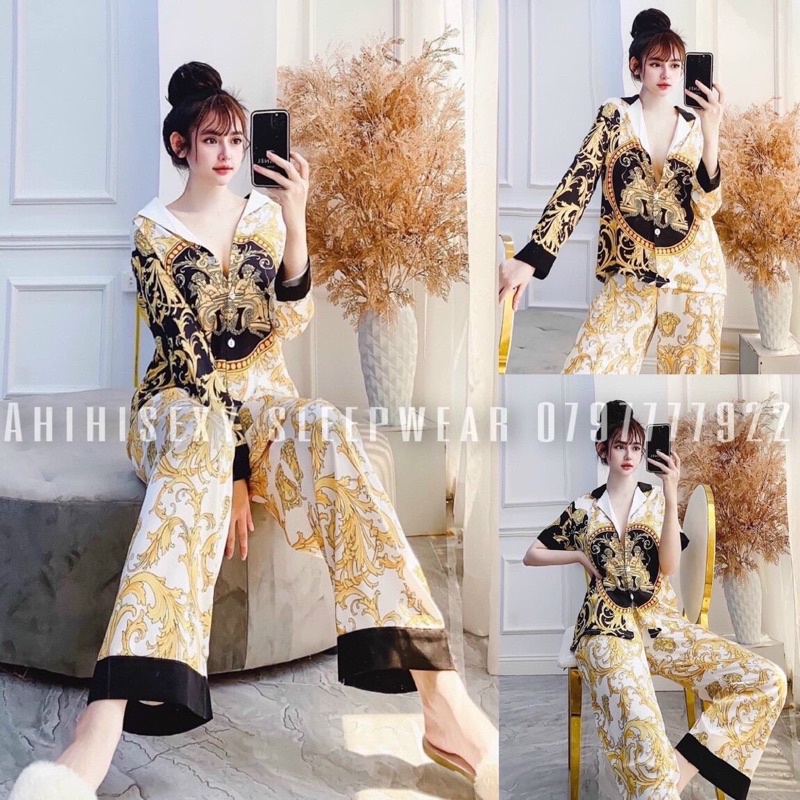 Bộ pijama mặc nhà chin's thiết kế nữ Bộ lụa manggo cộc dài tay dài Chin's