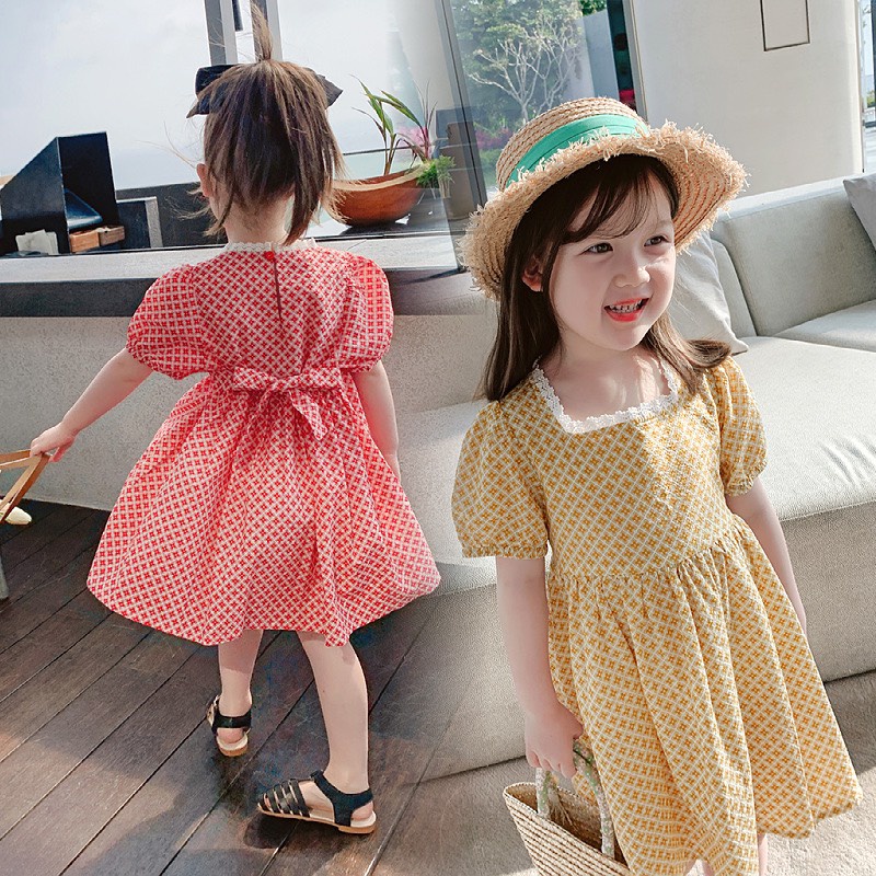 Váy Dáng Xòe Cổ Vuông Viền Ren Họa Tiết Dành Cho Bé Gái - V44 - Babi mama