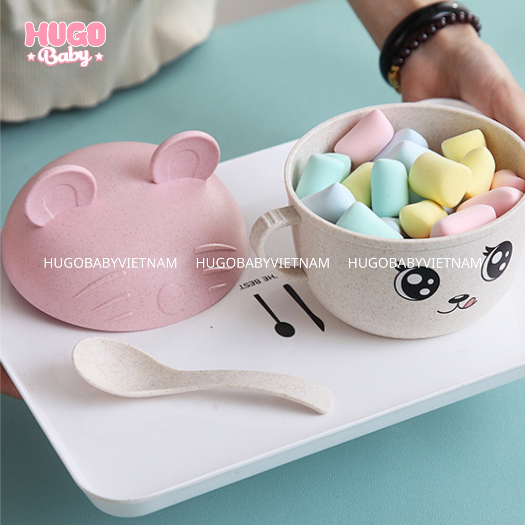 Bát ăn dặm lúa mạch cho bé có nắp đậy kèm thìa Hugo Baby