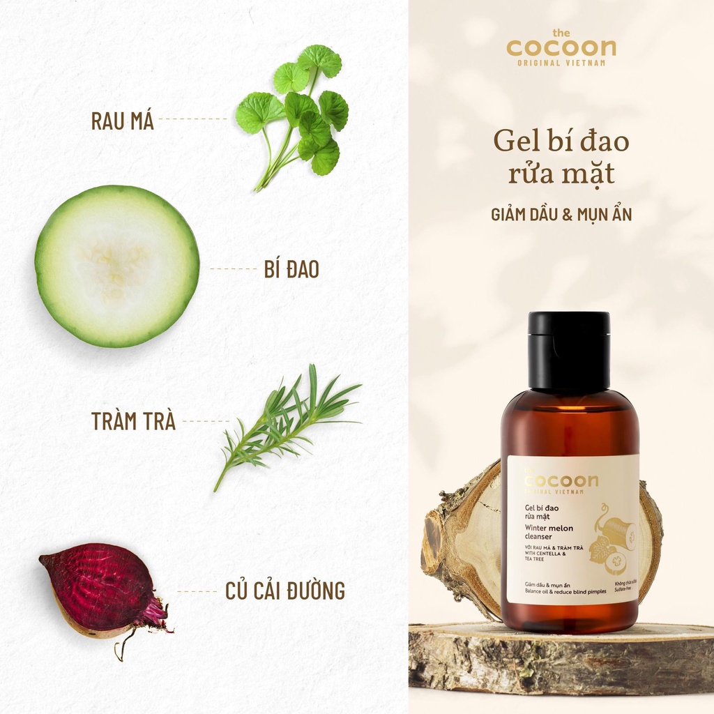 Gel bí đao rửa mặt Cocoon (Winter melon cleanser), sữa rửa mặt dạng gel thuần chay giảm dầu & mụn BIGSIZE 310ml - HUNOXA