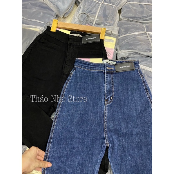 quần jean trơn lưng cao may logo da (hình thật shop Thảo Nhỏ Store chụp )