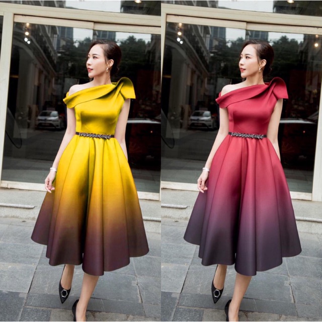 ảnh và video thật 1000% Đầm xoè lệch vai phối màu ombre