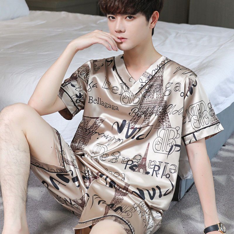 Bộ đồ ngủ ngắn tay bằng lụa lạnh thời trang mùa hè dành cho nam