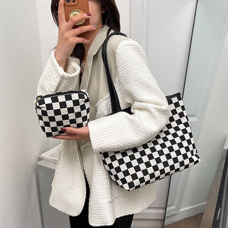 Túi xách IELGY bằng canvas sức chứa lớn họa tiết sọc caro trắng đen đơn giản dành cho nữ