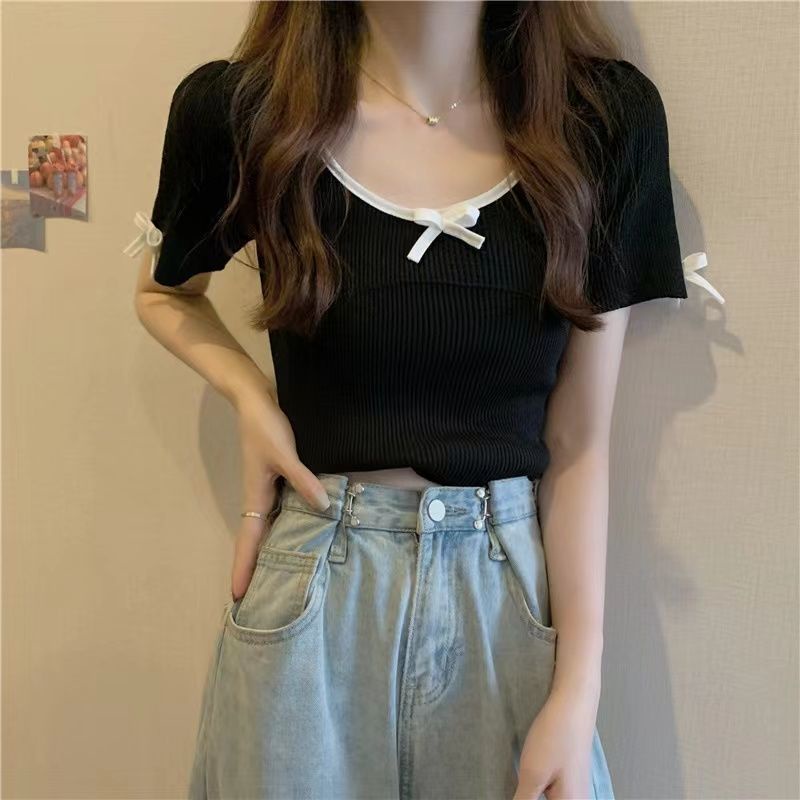 Áo Thun Dệt Kim Tay Ngắn Đính Nơ Xinh Xắn Cho Nữ 164541 Áo Croptop Dáng Ôm Thiết Kế Đơn Giản Hợp Thời Trang
