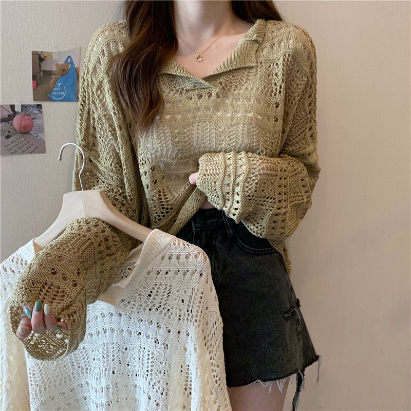 【ZHELIHANGFEI】Áo Dệt Kim Tay Dài Cổ Chữ V Dáng Rộng Xinh Xắn Thời Trang