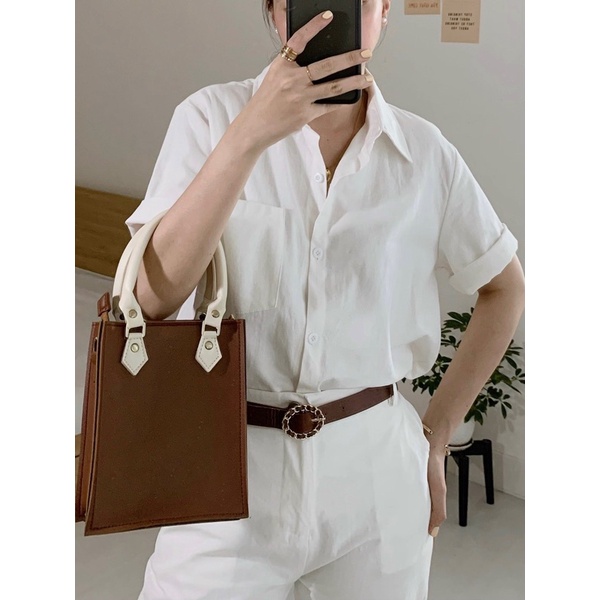 Áo sơmi Freesize tay ngắn chất liệu Kate dày dặn có túi phong cách Hàn