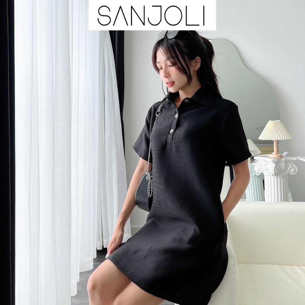 Váy babydoll nữ Sanjoli dáng suông cổ sơ mi vải xốp mịn oversize đi dự tiệc phong cách ulzzang VD034