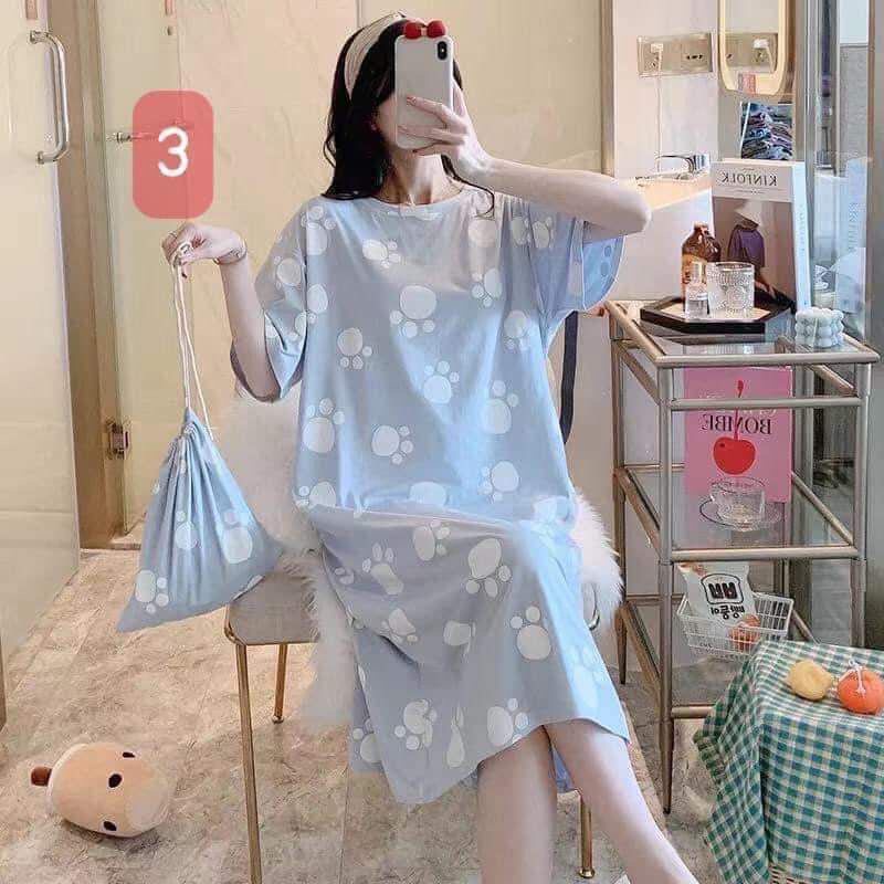 Váy ngủ cộc tay dáng suông chất cotton mặc nhà mềm mát họa tiết dễ thương VN002