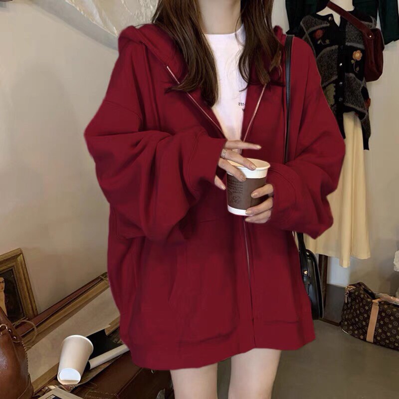 Áo Khoác Nỉ Nữ Trơn Mũ To 2 Lớp Có Túi Trước Áo Hoodie Nỉ Kéo Khóa Tay Phồng Freesize Dáng Rộng