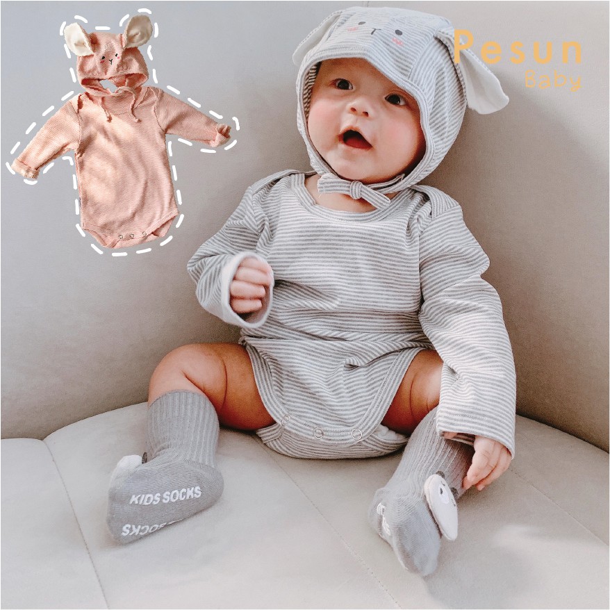 Set body kèm mũ tai thỏ ngộ nghĩnh 0-2 tuổi thun cotton cực thoải mái cho bé