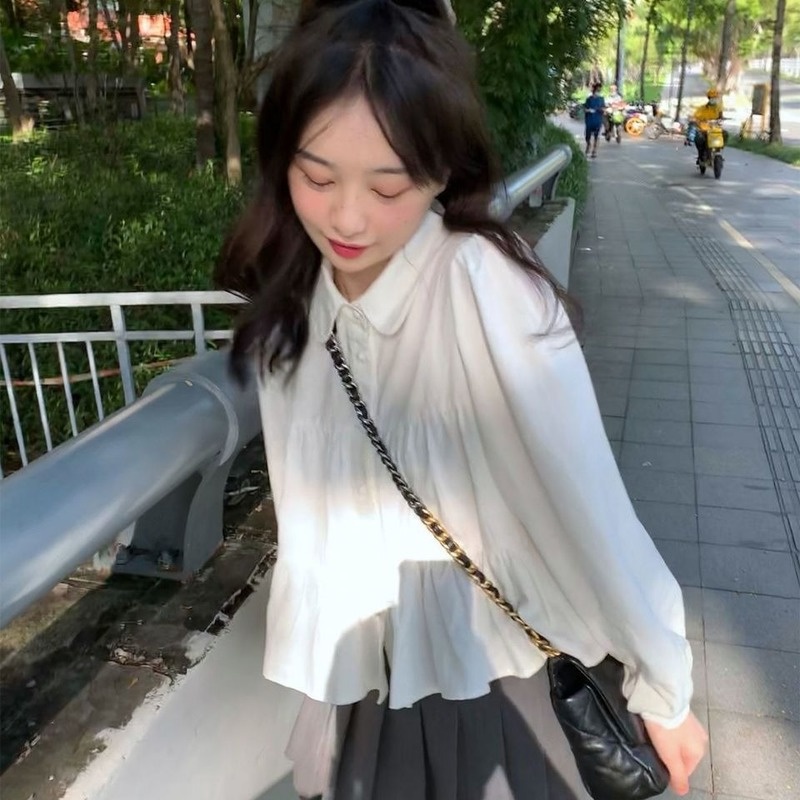 Áo Sơ Mi Cổ Búp Bê Màu Trắng Dễ Thương Phong Cách Nhật Bản