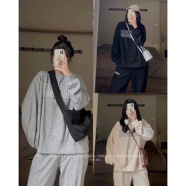 Bộ nỉ bông nữ quần bo in chữ CÓ MOS