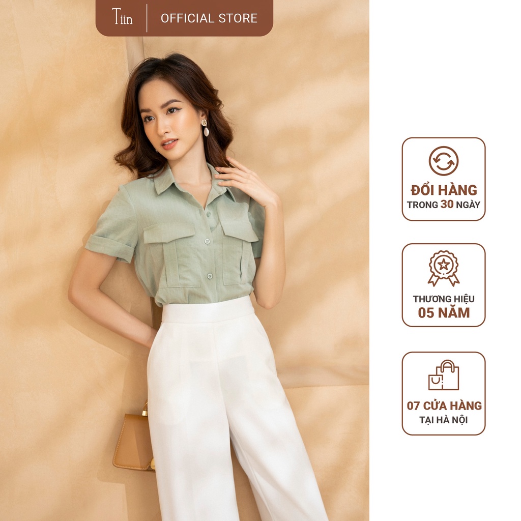 Áo sơ mi cổ đức 2 túi hộp tay gập gấu TIIN STORE chất đũi AHN298