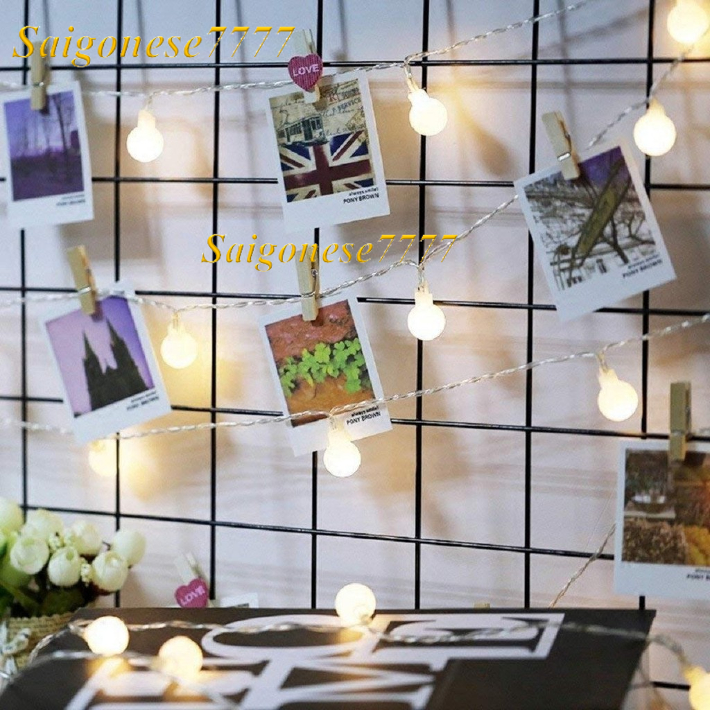 Combo 20 Kẹp Ảnh Gỗ thông + Đèn Led Xài Pin Dài 3M 20 Bóng Đèn Tròn Cherry Ball Kẹp Hình Nghệ Thuật Trang Trí Decor