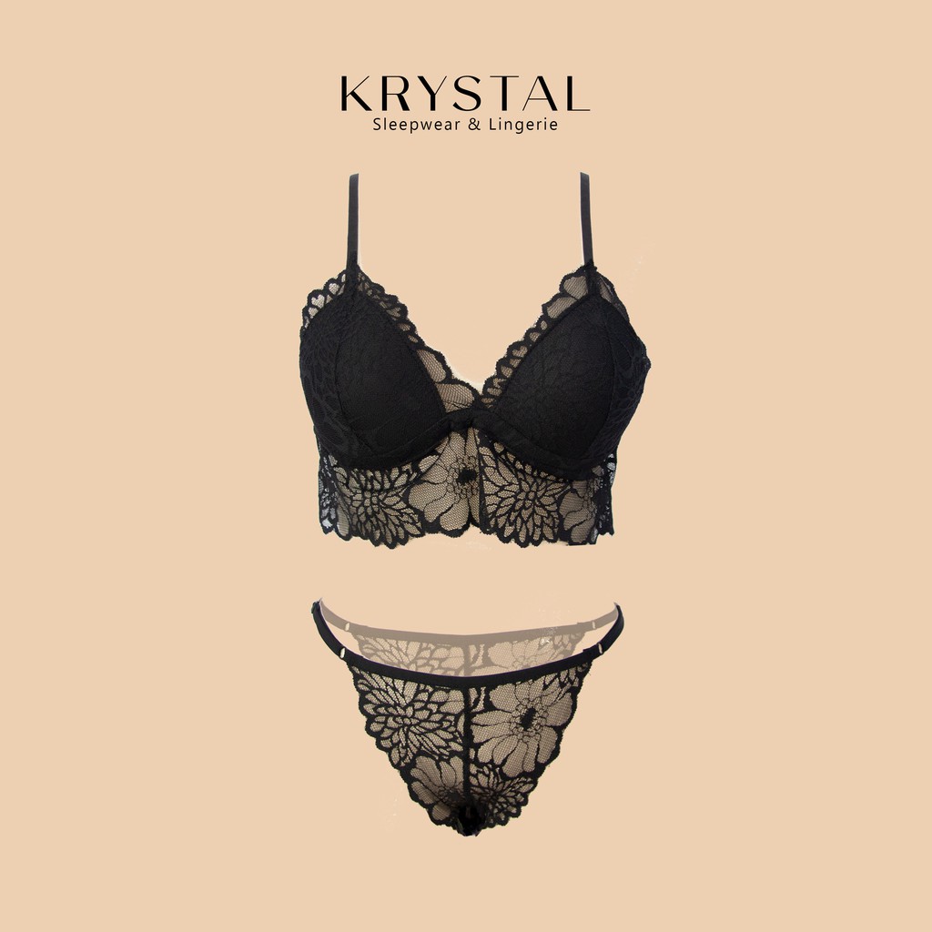 Bộ đồ lót ren không gọng mút vừa nâng ngực màu đen sexy gợi cảm KRYSTAL Bralette Cord KB05