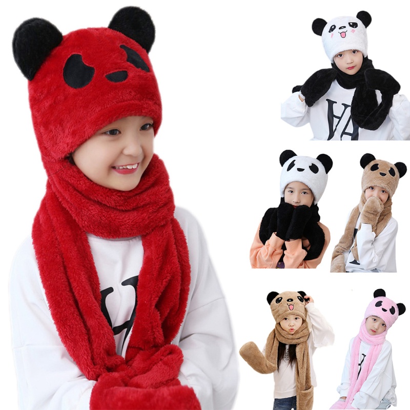 Bộ mũ trùm đầu + găng tay + khăn choàng cổ 3 trong 1 hình gấu trúc dễ thương cho bé