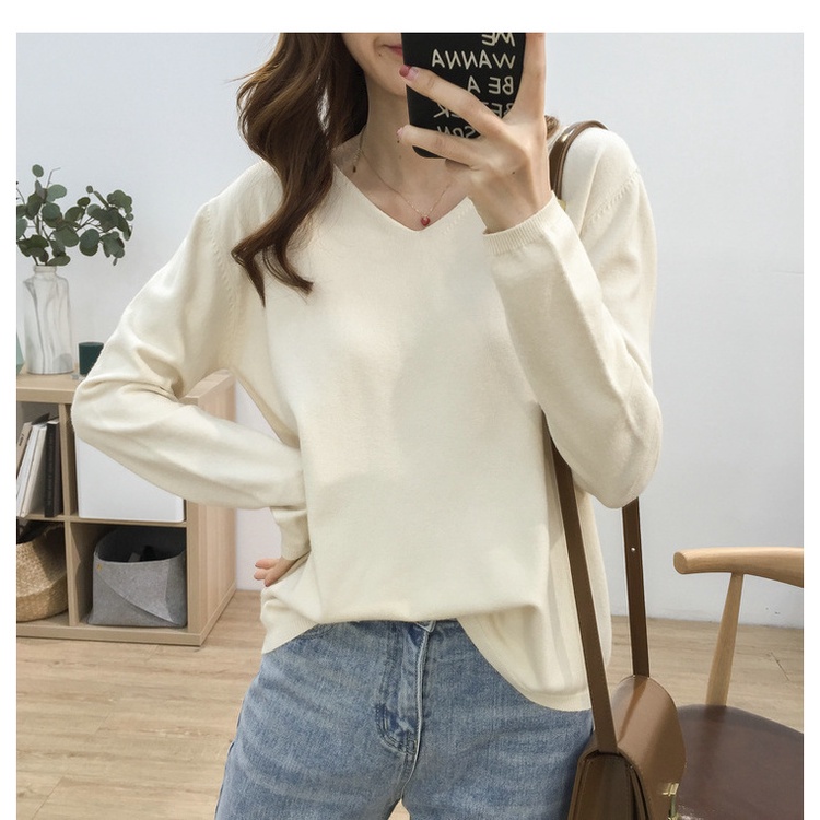 SUXI Áo Len Tay Dài Cổ Chữ V Màu Sắc Đơn Giản Cho Nữ