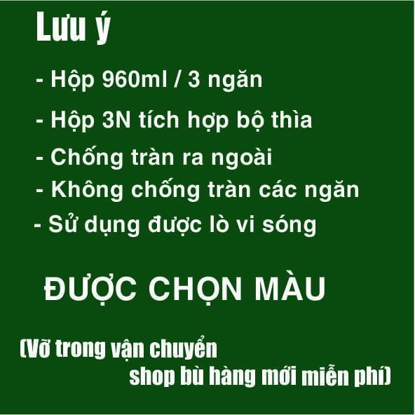 Hộp cơm văn phòng Thủy tinh 960ml chia 3 ngăn Kèm bộ muỗng đũa, Túi giữ nhiệt thời trang- Hộp đựng thức ăn(Nắp muỗng)