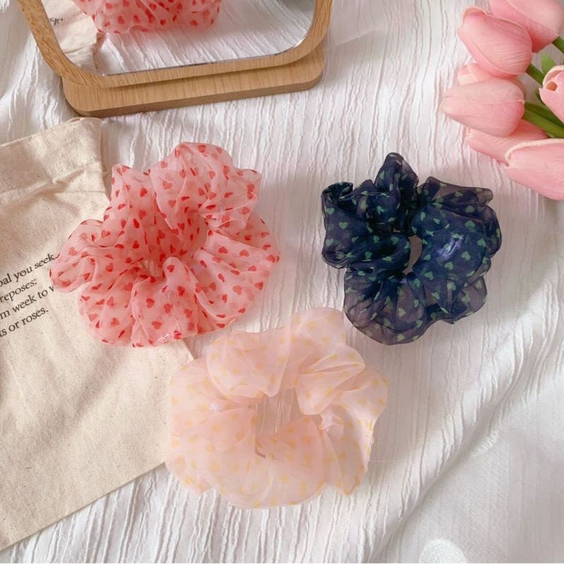 ( Ảnh Thật ) Cột Tóc Vải Scrunchies Chấm Bi Trái Tim Cực Xinh Cực Hot