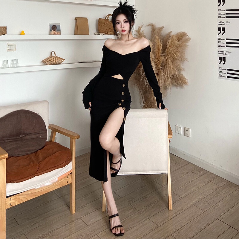 Kliou 2022 Mới Đầm midi Kliou dáng ôm tay dài cổ chữ V cài nút sành điệu cho nữ