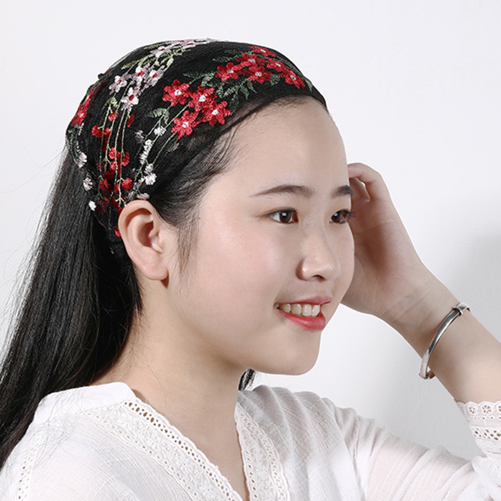 Băng đô bản rộng co giãn thêu hình hoa xinh xắn cho nữ