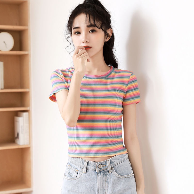 Áo Thun croptop Dệt Kim Tay Ngắn Cổ Tròn Dáng Ôm In Kẻ Sọc Cầu Vồng Kiểu vintage Hàn Quốc Cho Nữ