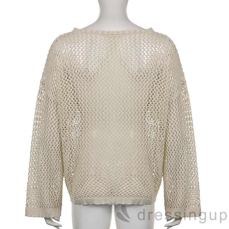 Áo kiểu dệt kim tay dài cổ tròn dáng rộng thiết kế lưới cá quyến rũ cho nữ