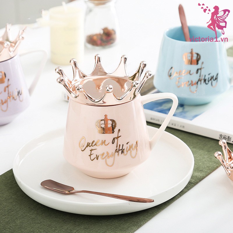 Queen of Everything Mug With Crown Lid and Spoon Ceramic Coffee Cup Gift for Girlfriend Wife