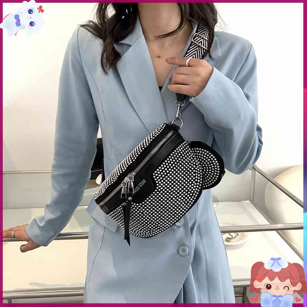 ✿Mars144✿Túi Đeo Chéo Ngực / Thắt Lưng Bằng PU Đính Đá Lấp Lánh Tinh Tế Cho Nữ✿