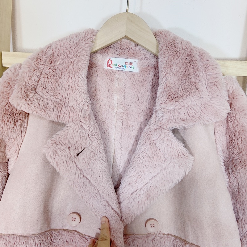 /Áo khoác da lộn lót lông nữ dáng lửng, cổ bẻ lông siêu dày túi khoá 2 bên