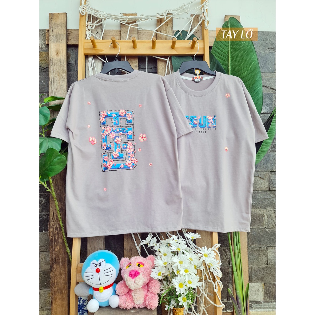 Áo phông áo thun nam nữ tay lỡ from rộng freesize chất cotton thoáng mát in hoa đào mokishop