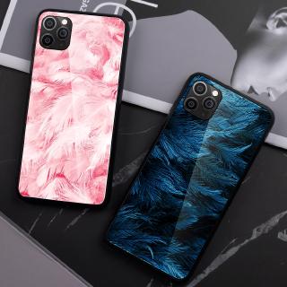 Ốp điện thoại mặt kính cường lực in họa tiết lông vũ cho iPhone 11 Pro Max X XS MAX XR