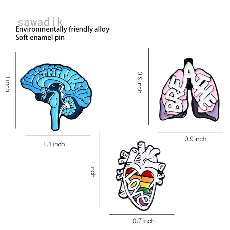 Sawadik Organ Enamel Pins Custom Heart Lung Brain Brooch Lapel Pin Shirt Bag Love Breath Mind Badge Cartoon Jewelry Gift For Friends