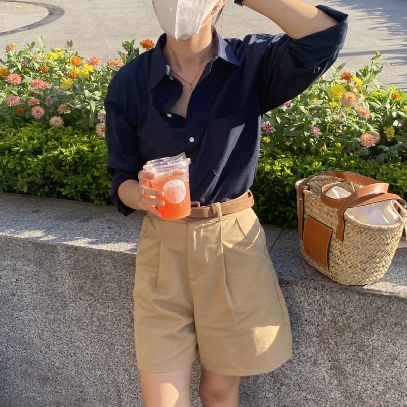 Áo Sơ Mi Dài Tay Chất Liệu Cotton Màu Xanh Tím Than Navy dành cho Nữ Heebyohi