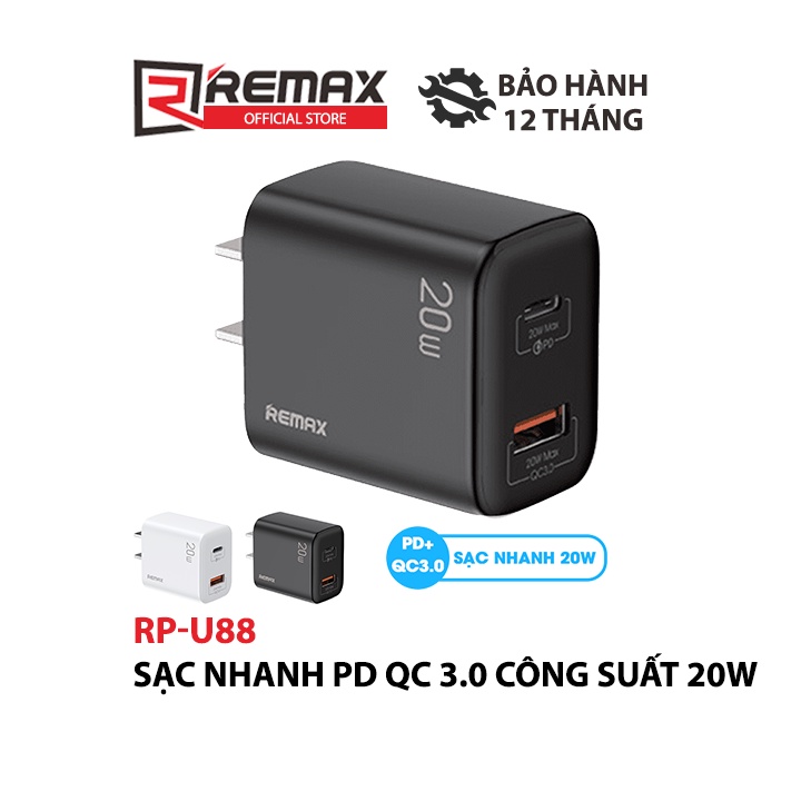 Cốc sạc nhanh Remax RP-U88 PD QC 3.0 20W 1 cổng USB và 1 cổng Type C Rejie Series