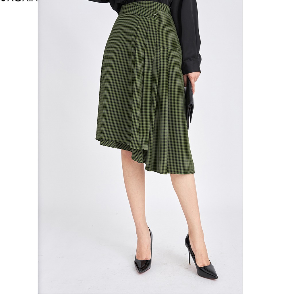 Chân váy nữ midi 92WEAR 3 MÀU, dáng A xếp ly vạt lệch kẻ caro JAA1331 | BigBuy360 - bigbuy360.vn